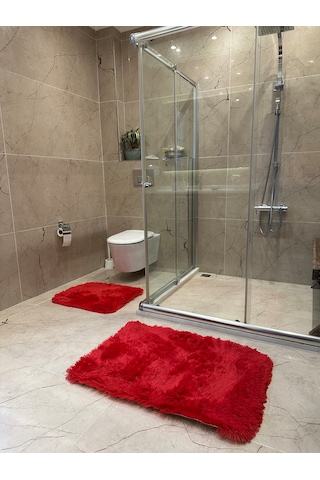 Tavşan Kırmızı Kaymaz Tabanlı 2'li Banyo Halısı Seti