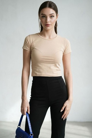 Seeh Bej Basic Kadın Tişört / Vücuda Oturan Kesim Sh373