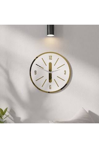 Minimalist Lüx Aynalı Pleklisi Ahşap Duvar Saati Beyaz - Altın