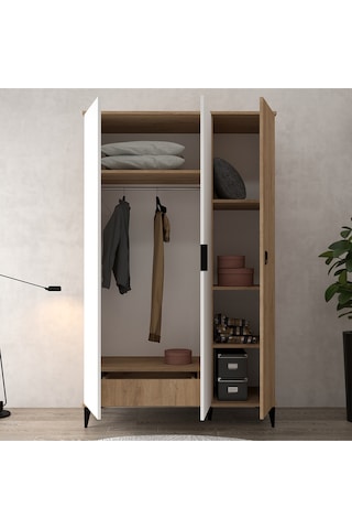 6303 Neva 3 Kapılı 200 Cm Gizli Çekmeceli Gardırop , Elbise Dolabı , Genç Odası Beyaz Sepet