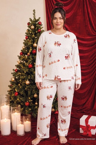 Siyah İnci Ekru Yılbaşı Temalı Termal Kumaşlı Ultra Soft Yumuşak Büyük Beden Battal Boy Örme Pijama Takımı 26226729