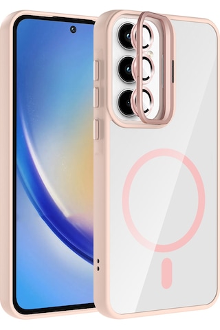 Zore Galaxy Uyumlu A55 Kılıf Standlı Ve Kamera Lens Hediyeli M-safe Şarj Özellikli Ogaa Etro Kapak - Pembe