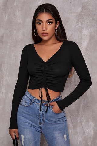 Epilons Zenviaatt2 Kadın Siyah Uzun Kollu Büzdürme Bağcık Detaylı Crop Top Bluz Zenvi312