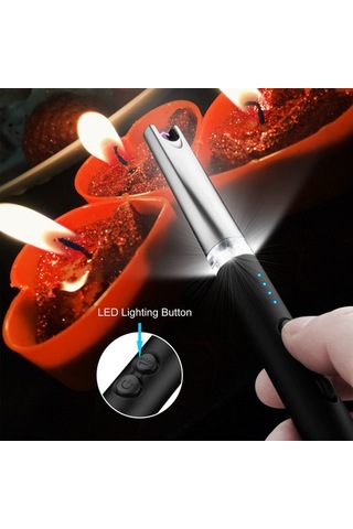 Elmpaly Usb Şarjlı Rüzgara Dayanıklı Elektrikli Çakmak - Led Aydınlatmalı, Pil Göstergeli, Kamp & Barbekü İçin Siyah Siyah