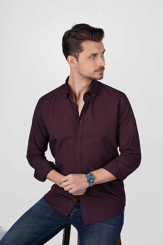 Koyu Bordo Yaka Düğmeli Premium Şamre Slimfit Erkek Gömlek Koyu Bordo