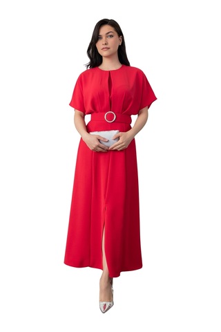 Bisiklet Yaka Pileli Yarasal Kol Kemerli Önden Yırtmaçlı Midi Boy Elbise Kırmızı