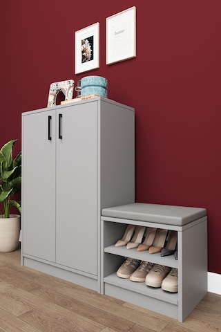Asra Trend Puflu Ayakkabılık A-23 %100 MDF Minderli Geniş Portmanto Kül Gri