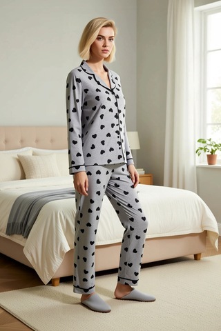 Benerly Kadın Gömlek Yaka Uzun Kol Desenli Pijama Takımı Büyük Beden Fonk gri