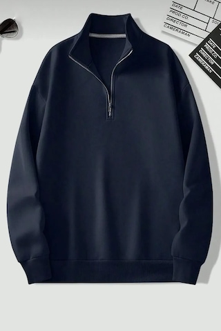 Dik Yaka Yarım Fermuarlı Düz Kazak Sweatshirt - Lacivert