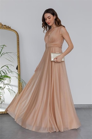 Neşeli Butik Kadın Gold Drapeli Tül Abiye Elbise Nb2030 Sarı