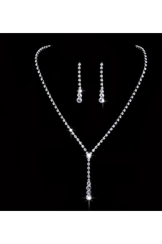 Ehediye Chavin Düğün Nişan Kına Damla Taşlı Kadın Kolye Küpe Set Eg87 Beyaz