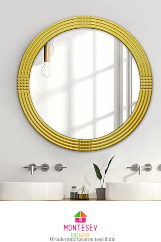 Safir Ahşap Gold Yuvarlak Ayna Işlemeli Duvar Banyo Aynası 43 Cm Gold