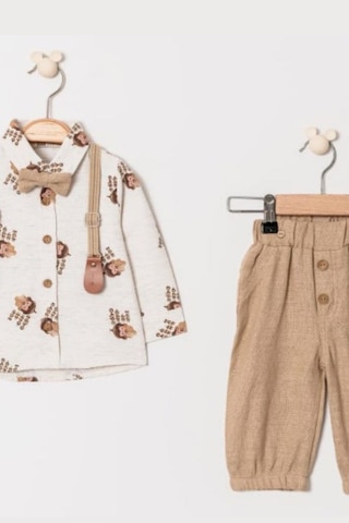 Erkek Bebek Kirpi Baskılı Slopetli Papyonlu Takım Açık Kahverengi
