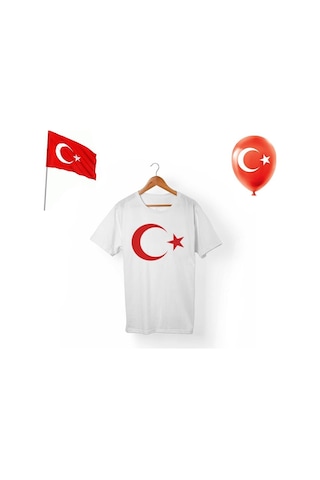 Masho Kids Beyaz Unisex Baskılı Ay Yıldız Tshirt + Balon + Bayrak Beyaz