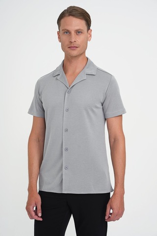 Efor Slim Fit Apaş Yaka Modal Karışımlı Kısa Kol Gri Gömlek G 1590 Gri
