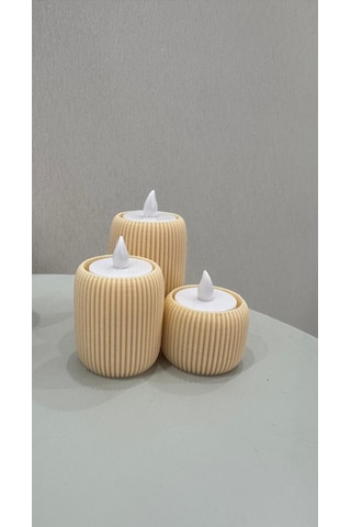 3 Lü Tealight Mumluk Seti Dekoratif Modern Silindir Tasarım-lüks Tasarım- Dekoratif Işık Seti Krem