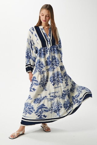 Modest Kadın Carena %100 Viskon Mavi Maksi Boy Yazlık Elbise Mavilacivertkrem Çok Renkli