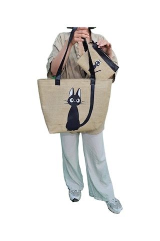 Kedi Baskılı Deri Saplı Hasır Kumaş Baskılı Plaj Çantası Açık Kahverengi