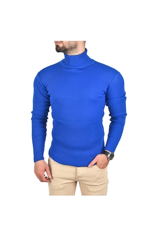 Deepsea Erkek Mavi İnce Fitilli Tam Boğazlı Balıkçı Yaka Tüylenmeyen Triko Kazak 2505498 Mavi