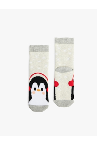 Koton Penguenli Pamuklu Havlu Çorap Gri 7wkb80041aa