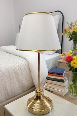 2 Adet Gold Kaplamalı Krem Kumaş Başlıklı Masa Abajuru Yatak Başı Lambası Aydınlatma Lamba