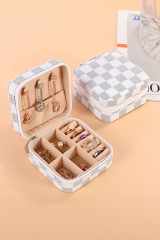 Chavin Beyaz Deri Seyahat Yüzük Küpe Kolye Takı Kutusu St1-66by Beyaz