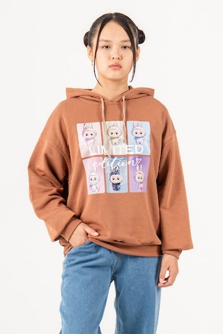 Kız Çocuk Labubu Baskılı 3 İplik Kışlık Şardonsuz Sweatshirt 4540 Kahve