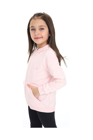 Toontoy Kız Çocuk Kapüşonlu Fermuarlı Cepli Düşük Omuz Nakış Baskılı Örme Hırka - 2 İplik Pudra