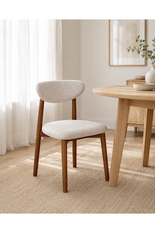 Ganni Home Alfa Sandalye 2 Li Set Krem Ceviz Gürgen İskeletli, Kolay Silinebilir Kumaşlı Modern Yemek Sandalyesi Krem - Ceviz