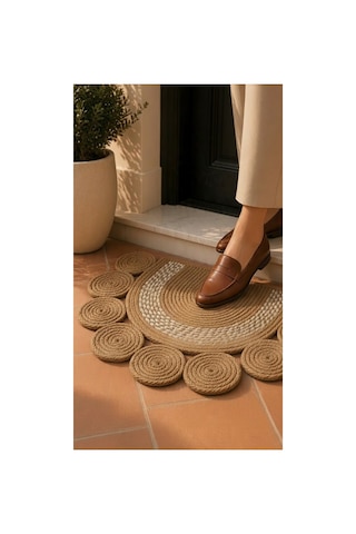 Jüt Hasır Kapı Önü Paspası - 50x70 Cm Bohem Yarım Ay Halat Örgü Paspas Kahve-krem