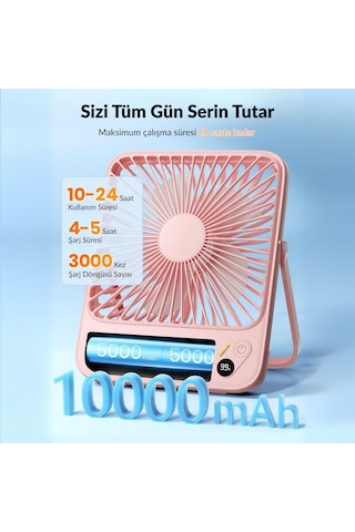 Warmco D3 10000mah Şarjlı Masaüstü Vantilatör Dijital Göstergeli Taşınabilir Powerbank Soğutucu Fan Pembe