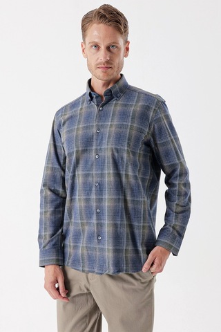 Koyu Lacivert Uzun Kollu Ekoseli Düğmeli Yaka Cepli Garnili Pamuklu Klasik Comfort Fit Gömlek 1004235143-koyu Lacivert Koyu Lacivert