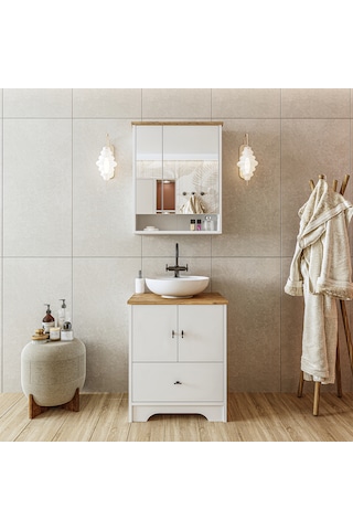 Ayaklı 2 Kapaklı Lavabolu Mdf 60 Cm Çekmeceli Banyo Dolap Aria Atlantik Çam - Beyaz