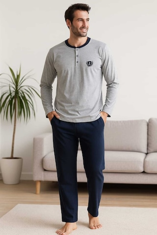 Tenra Erkek Pijama Takımı %100 Pamuk Uzun Kol Gri