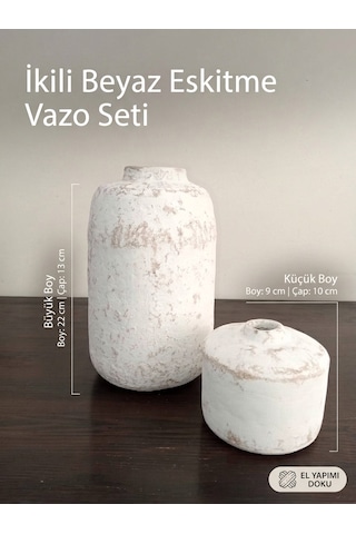 İkili Beyaz Eskitme Vazo Seti - El Yapımı Kırılmaz Dekoratif Masa Üstü Obje