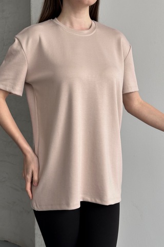 Balenbi Kadın Modal Bisiklet Yaka Basic Yarım Kollu T-shirt 1211 Bej