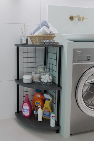 3 Raflıı Köşe Raf Banyo Ve Çamaşır Odası Çok Amaçlı Düzenleyici Metal Gövde Çevir Kur Kolay Kurulum Siyah Mermer
