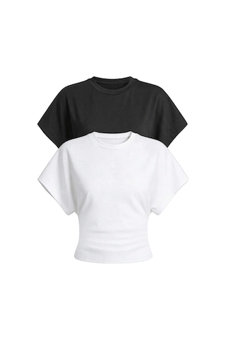 Genius Store Kadın Yarasa Kollu Bluz Pamuklu 2 Li Bluz Yarasakol-2 Beyaz-siyah