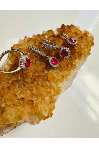 Gümüş Set Takım Pırlanta Görünümlü Kök Yakut Ve Zirkon Taşlı