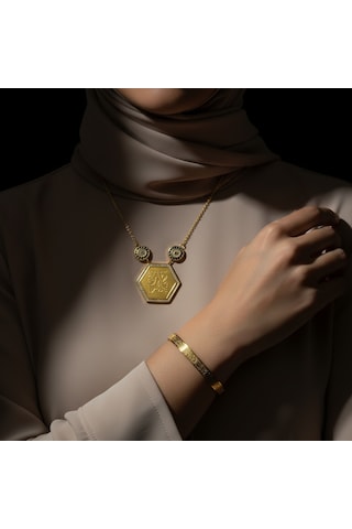 Maşallah Yazılı Kolye Ve Ayetel Kürsi Bileklik Seti Gold Çelik İslami Takı Altın