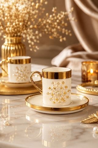 2 Li Gold Yaldızlı Porselen Kahve Fincan Takımı 100ml Beyaz