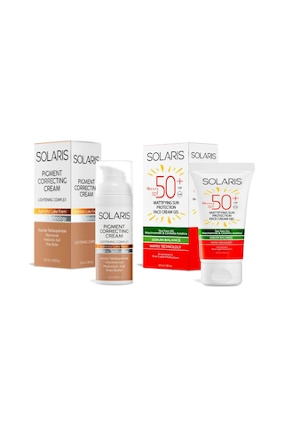Solaris Yağlı Cilt Tipleri İçin Mat Bitişli Jel Güneş Kremi Spf 50+ 50 Ml Ve Aydınlatıcı Leke Kremi 50 Ml