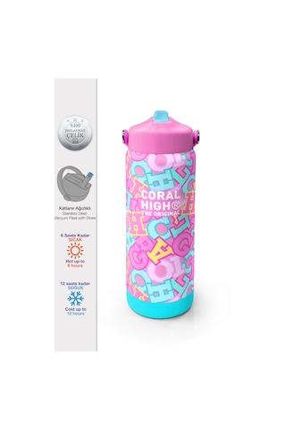 Coral High Pembe Su Yeşili Harf Desenli Katlanır Ağızlıklı Çelik Termos 650 Ml 38323 Su Yeşili