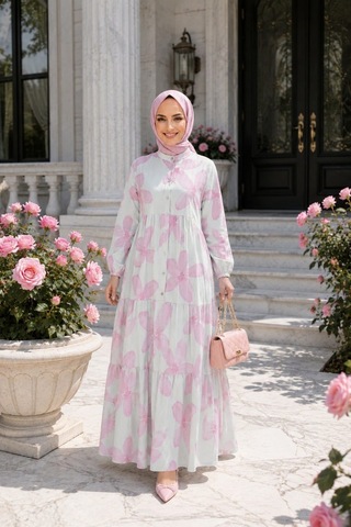 Hb Harma Time Butik Kadın Düğmeli Modal Desenl Pembe Elbise Ekru