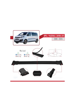 Opel / Vauxhall Zafira Life 2019 Ve Sonrası İle Uyumlu Fly Model Ara Atkı Tavan Barı Siyah 4 Adet