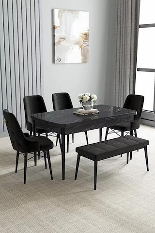 Loft Siyah Mermer 80x132 Açılabilir Mdf Masa Yemek Odası Takımı, Mutfak Takımı 4 Sandalye, 1 Bench Siyah