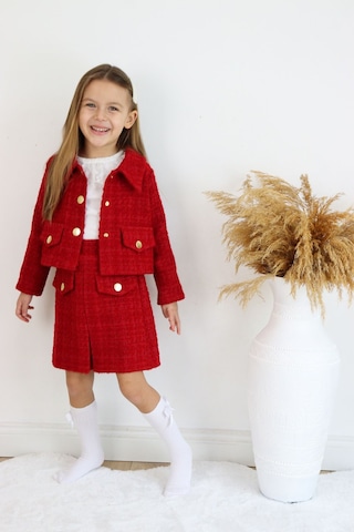 Kız Çocuk Carmen Kırmızı Tüvit Uzun Kollu Düğmeli Etek Ceket Takım Kırmızı