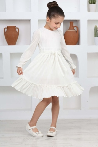 Kız Çocuk Örme Saten Çanta Detaylı Pliseli Astarlı Elbise KREM