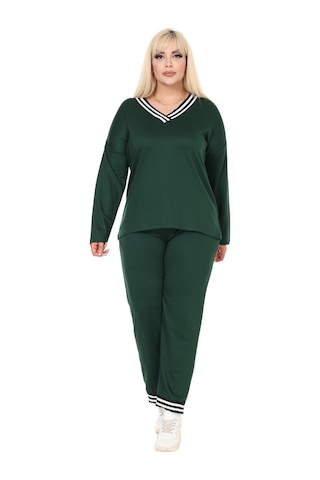 Melsay Butik Zümrüt Yeşili V Yaka Yakası Şerit Detaylı Eşofman Takımı Yeşil