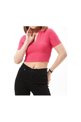 Kadın Fuşya Gömlek Yaka Crop Top